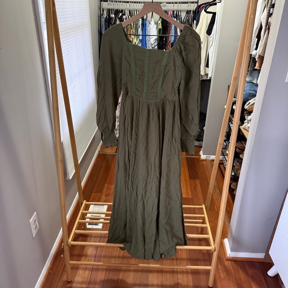 NWOT In Loom smocked olive colored maxi dress | Size: Small - Picture 2 of 8